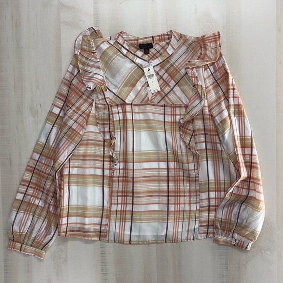 nwt ANTHROPOLOGIE current air ruffle plaid blouse top event work L - Picture 2 of 7